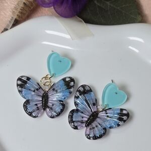 Aqua Heart Pastel Ombre Butterfly Earrings Ethereal Fairy Acrylic Stud Dangle